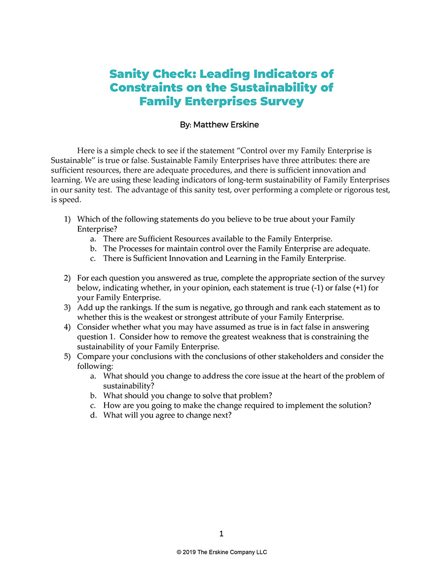 Sanity Check: Leading Indicators of Constraints on the Sustainability of Family Enterprises Survey