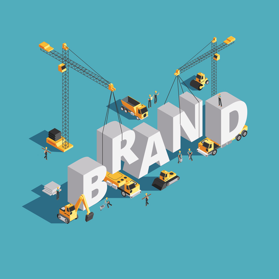 vector illustration of construction workers building out the word brand