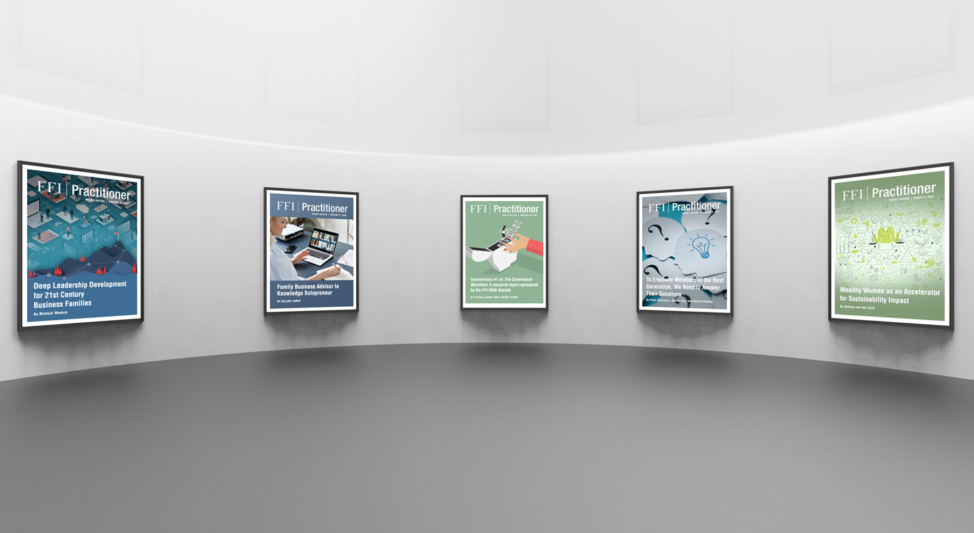 five different FFI Practitioner covers in a gallery setting