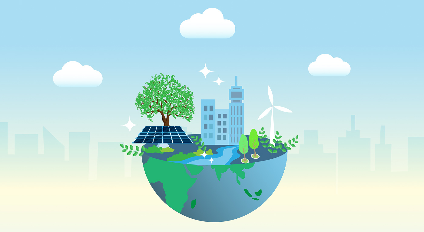 digital illustration of a floating half globe with solar panels, windmills, skyscrapers, and greenery