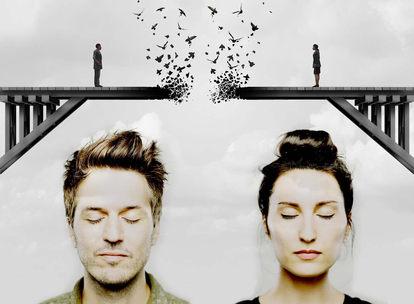 man and woman with their eyes closed and a disintegrating bridge above them