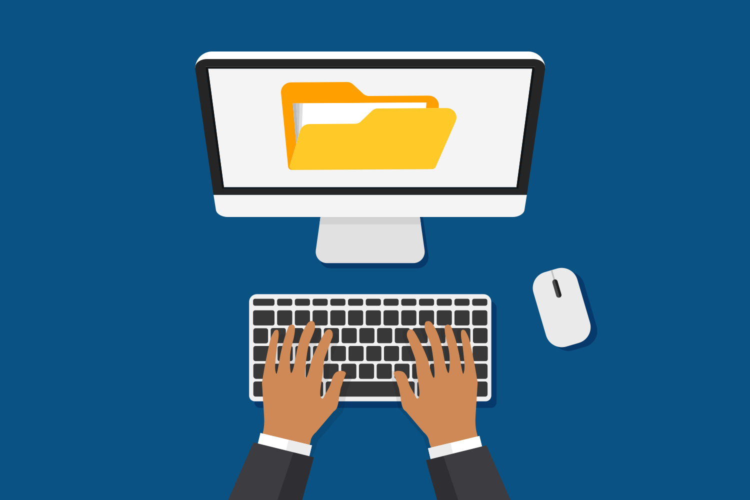 illustration of hands searching on a computer, a large file at the center of the screen