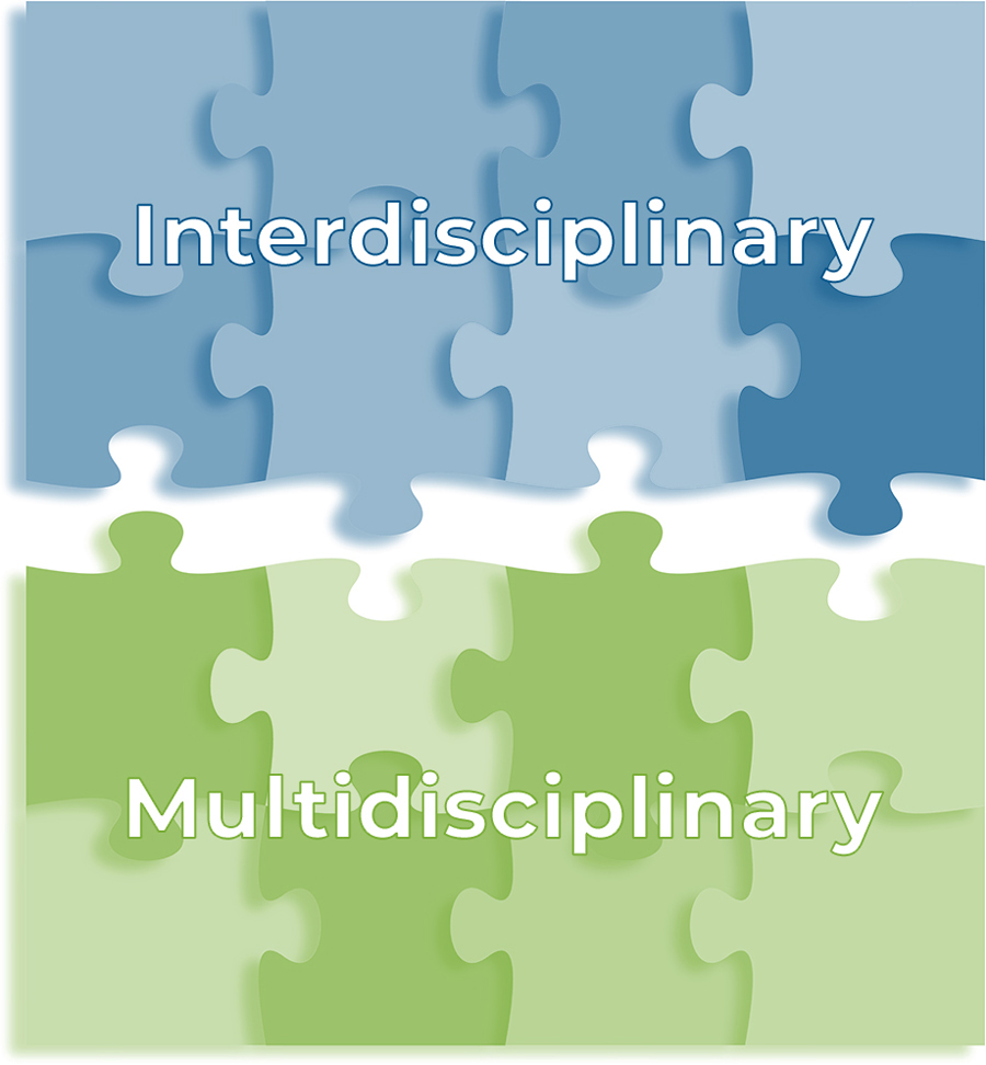 blue puzzle pieces labeled 'Interdisciplinary' and green puzzle pieces labeled "Multidisciplinary"