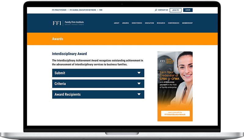Laptop with FFI Interdisciplinary Award page