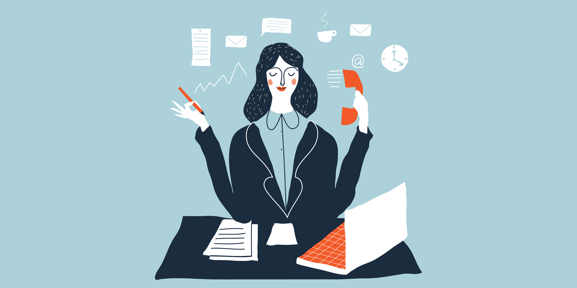 illustration of woman at desk with daily task icons hovering over her head while she is smiling