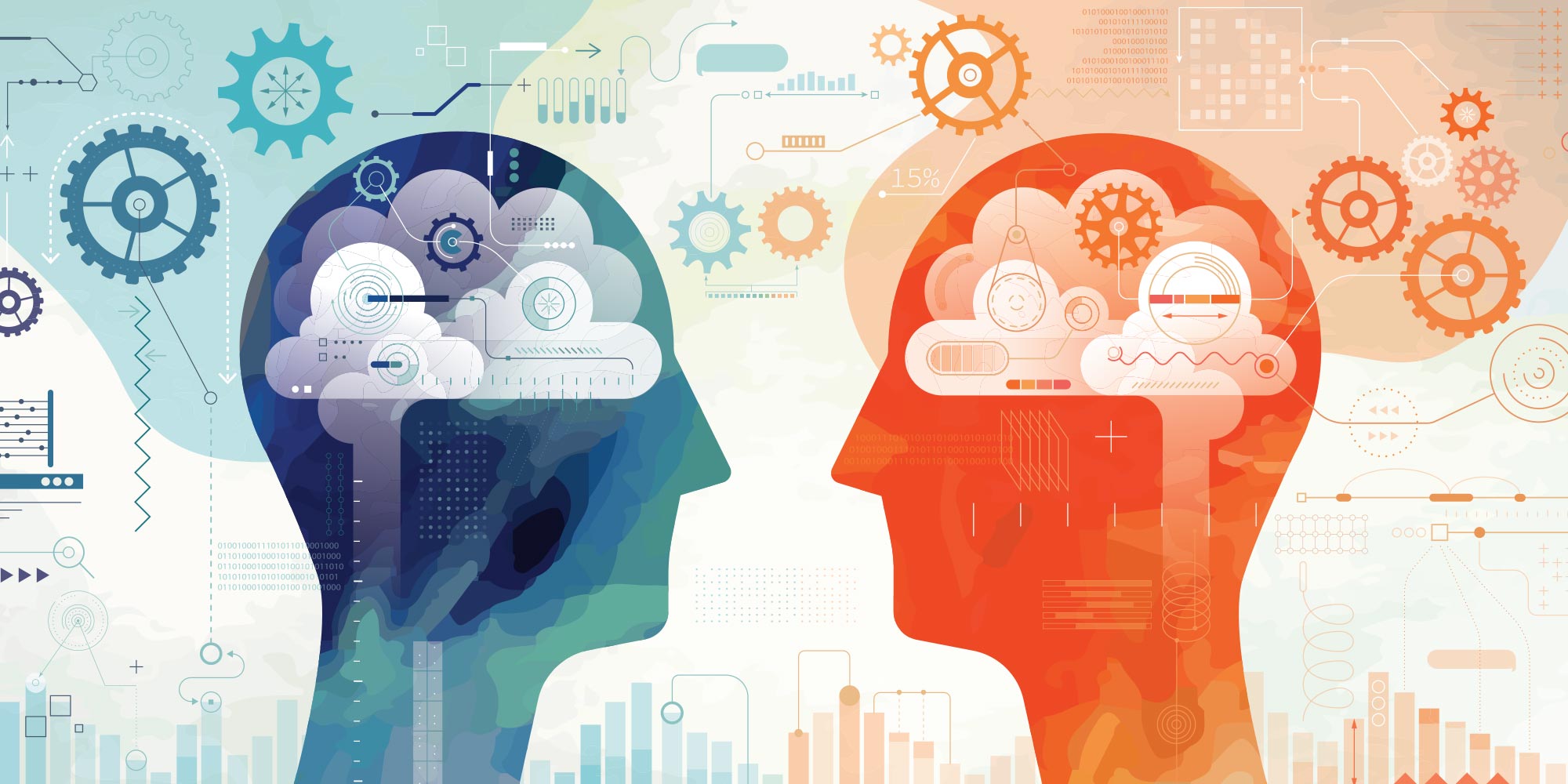 digital illustration of two human profiles facing each other while data charts and gears float around