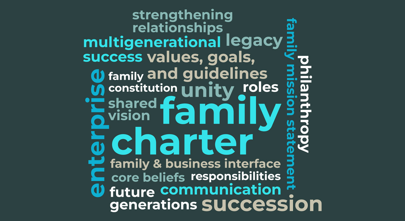 word cloud revolving around the topic of a family charter