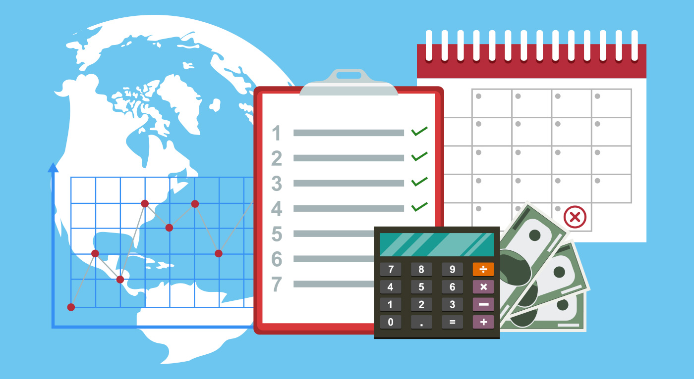 digital illustration of a globe, a graph, a checklist on a clipboard, a calculator, money, and a calendar