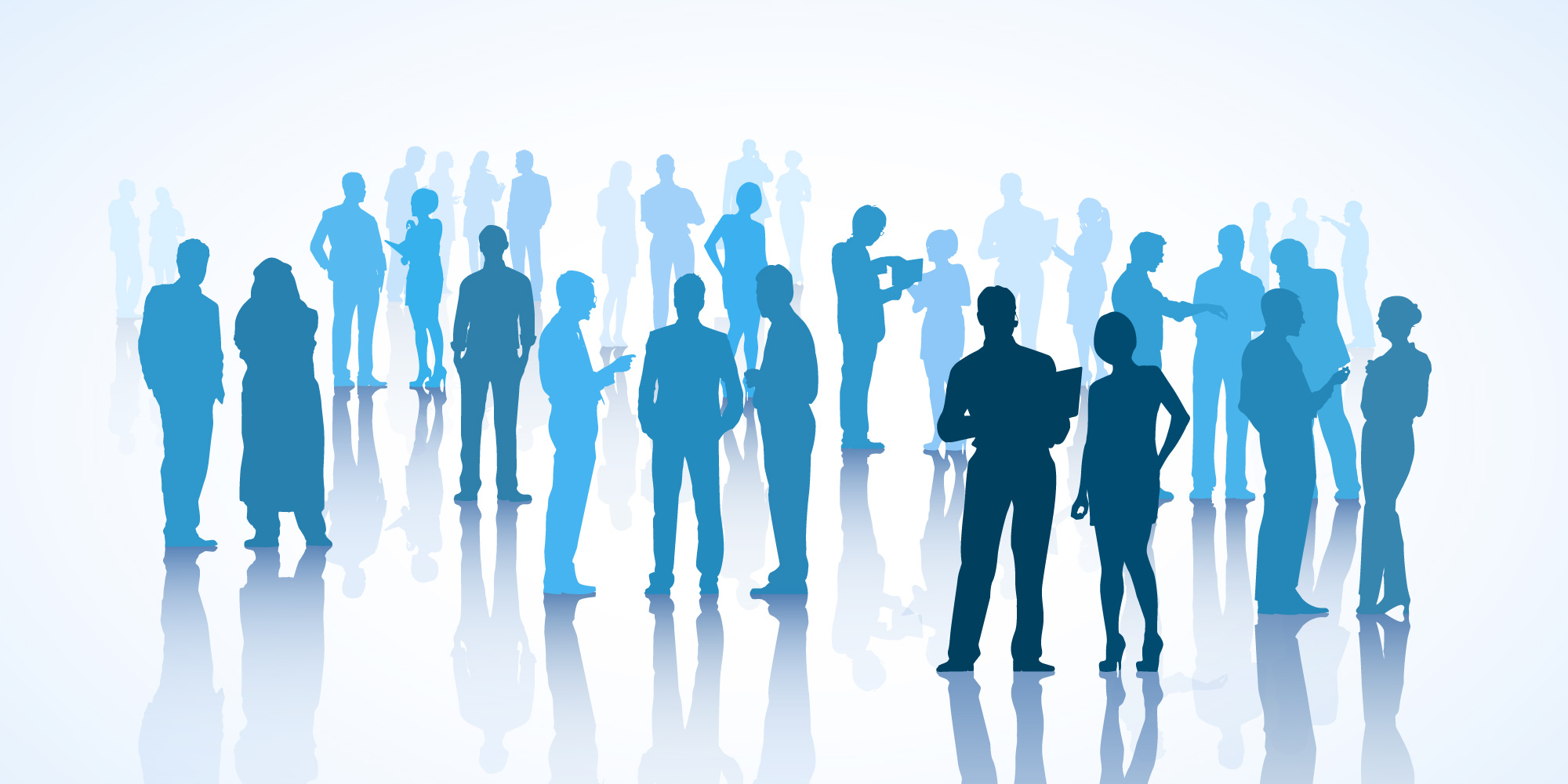 blue full body silhouettes of various business men and women