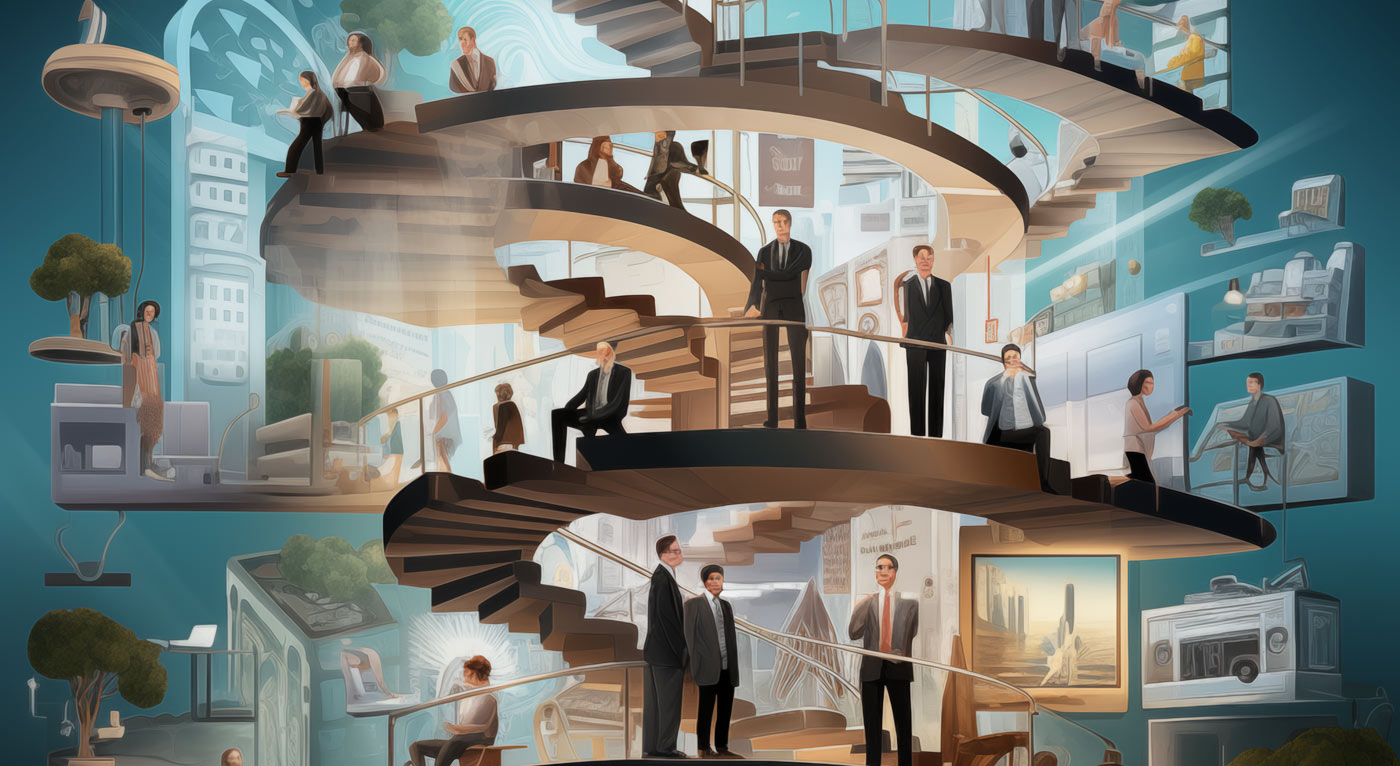 spiral staircase with different levels of business happening throughout