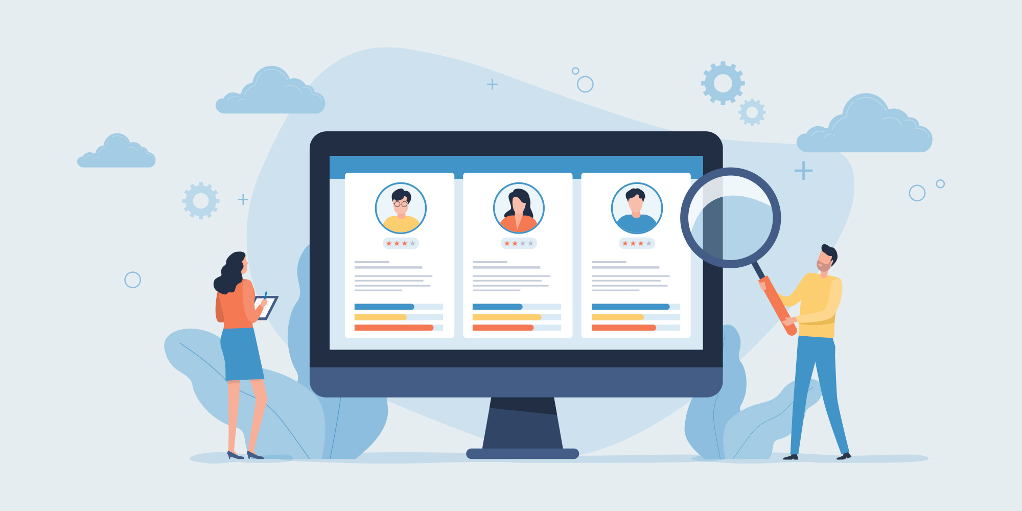 digital illustration of man and women looking at profiles on computer