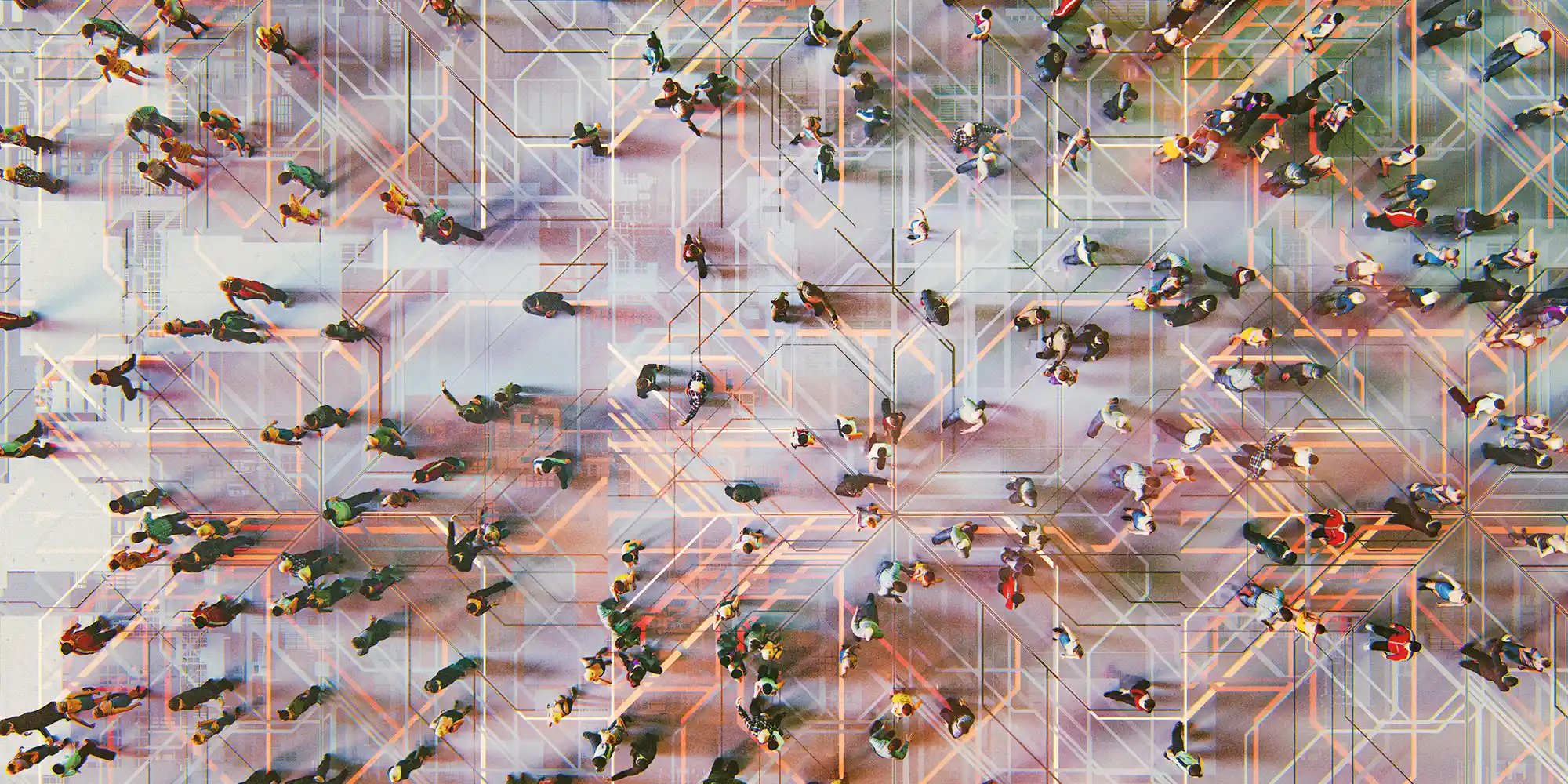 aerial view of crowd connected by lines