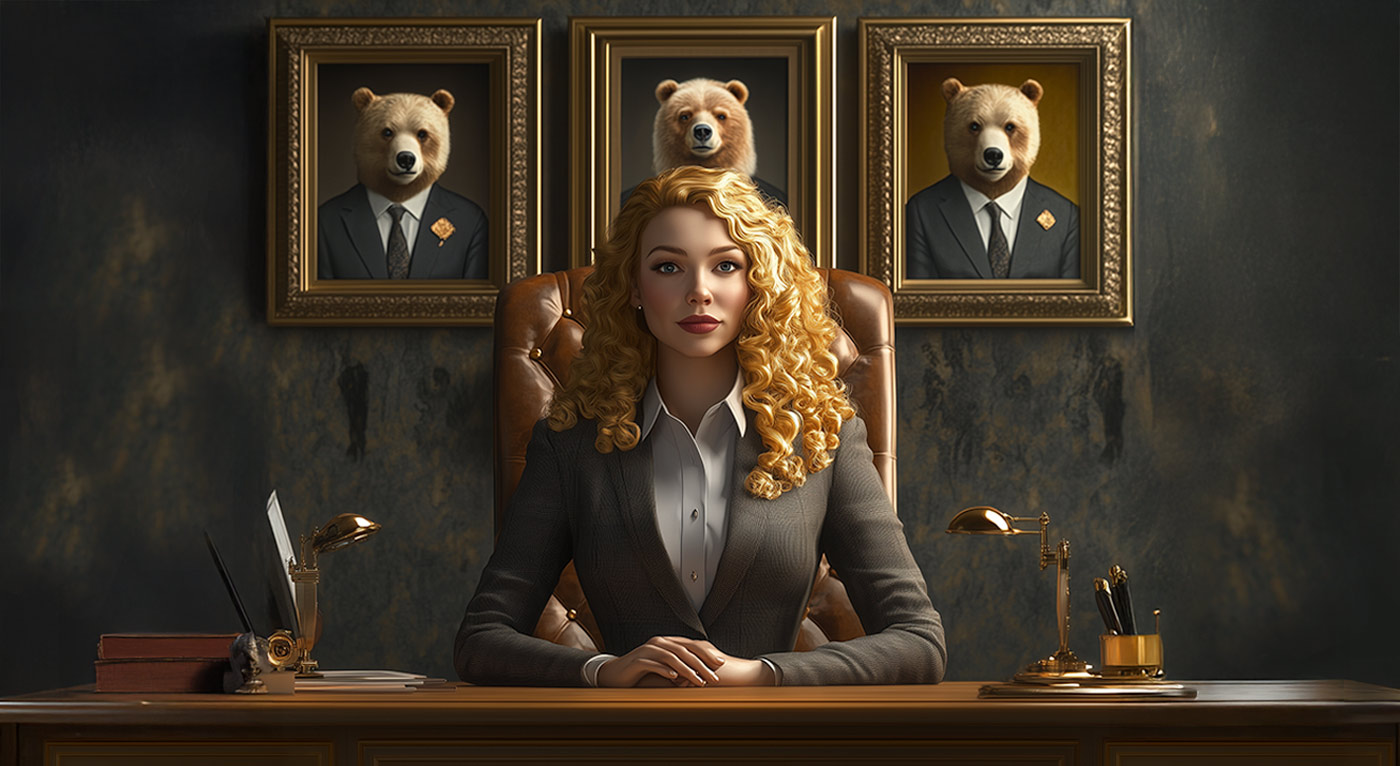A confident businesswoman with golden curly hair sits at a large wooden desk in a sophisticated office. Behind her hang three framed portraits of bears in business suits, subtly referencing the "Goldilocks and the Three Bears" story in a corporate context.
