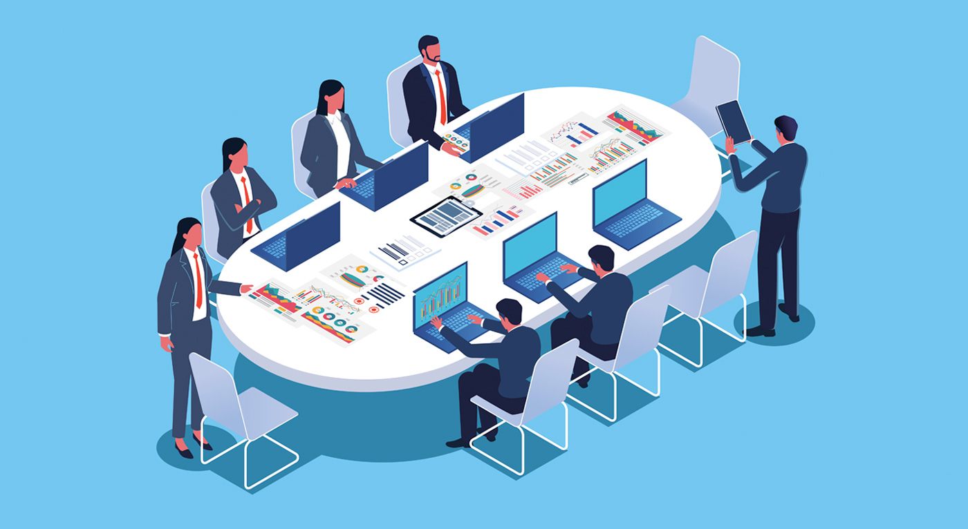 Getting It “Just Right”: The Goldilocks Zone of Family Board Involvement in Family Firms Business meetings, employee training and learning, project sharing and analysis, workshops. Isometric business team group members sitting at a conference table discussing their work together