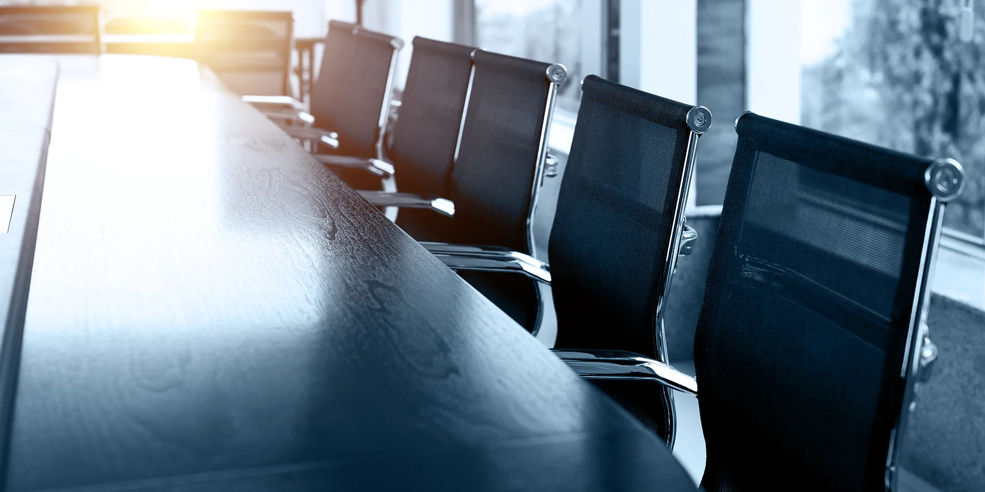 Long, dark wood conference table with rows of black mesh chairs in a bright, modern meeting room, with sunlight streaming through a large window.