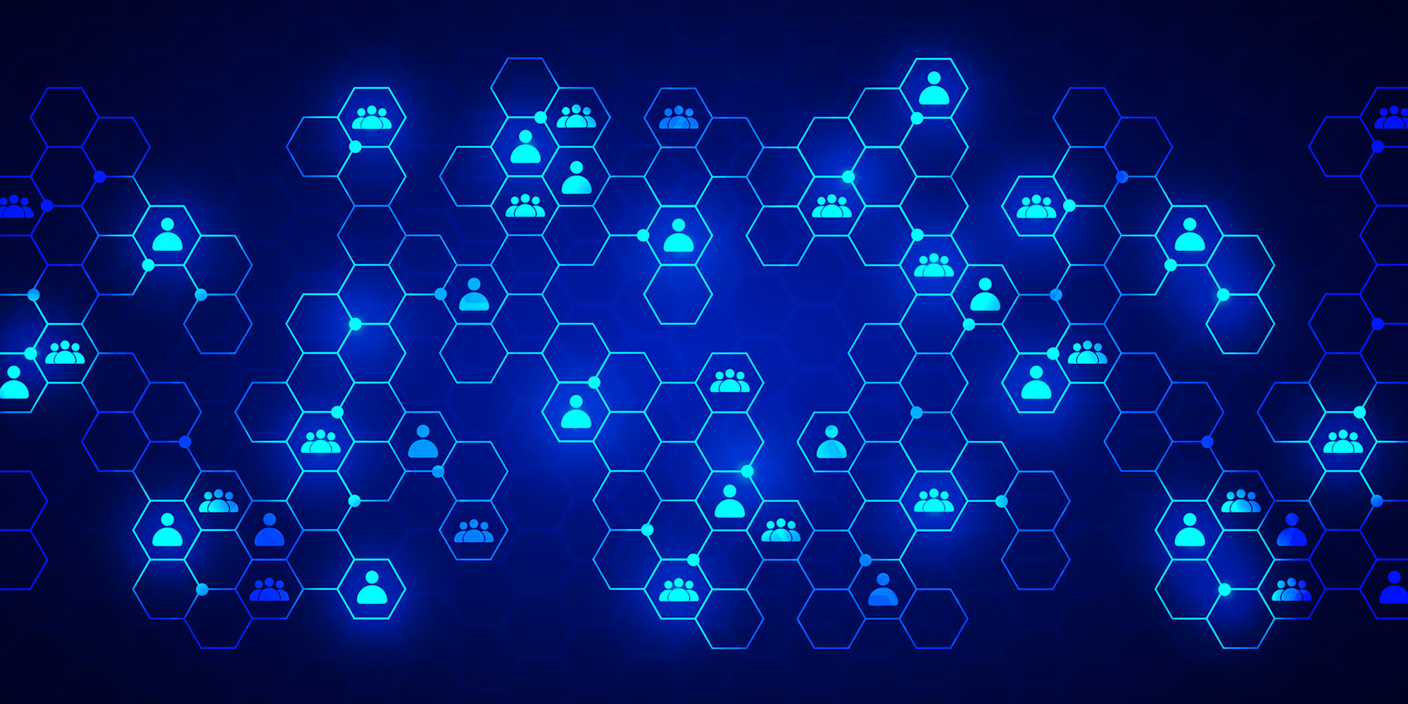 glowing honeycomb shaped grid with some honeycombs filled with individual and groups of people silhouettes 