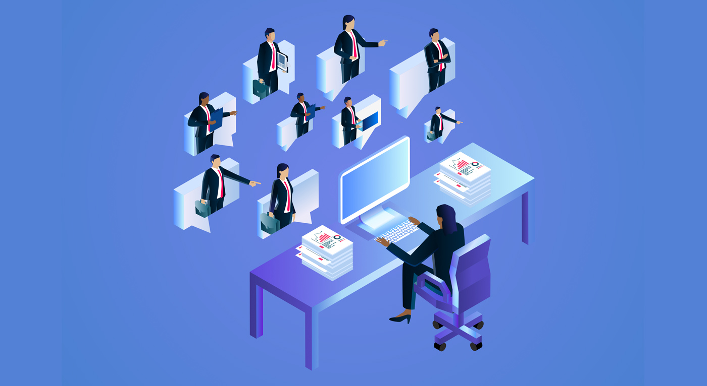 Online video conferencing, online networking to discuss work, online education or training, remote conferencing or working from home, team meetings or brainstorming