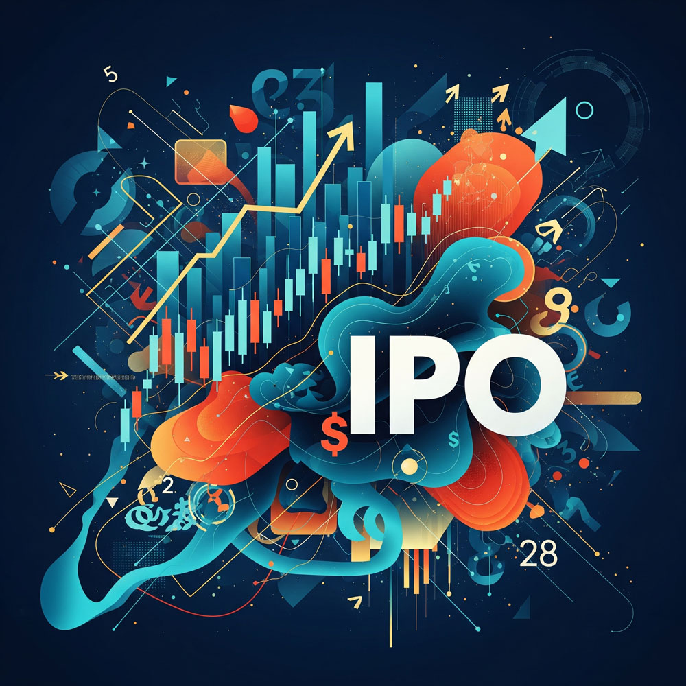 Abstract illustration of an IPO with charts, arrows, and colorful shapes on a navy background.