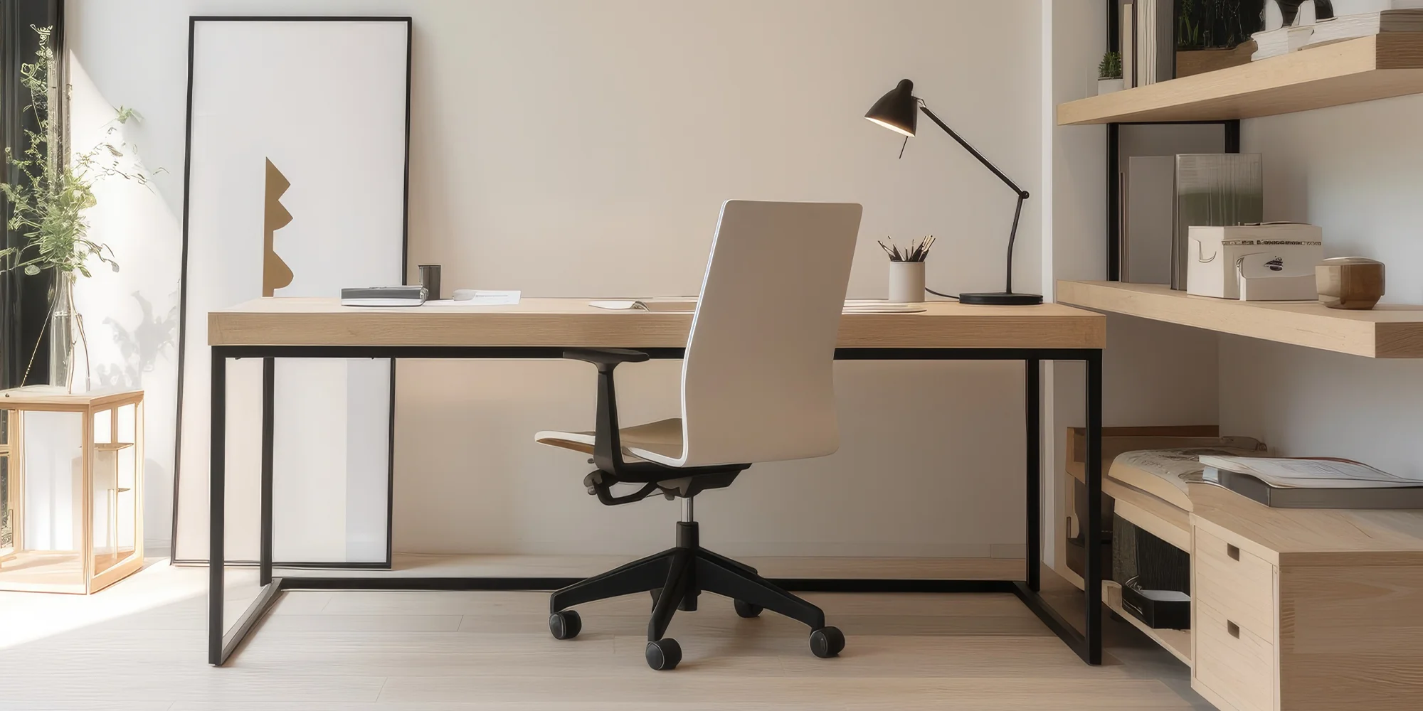 Modern, minimalist home office space featuring a light wood desk, white ergonomic chair, desktop lamp, and floating wood shelves.