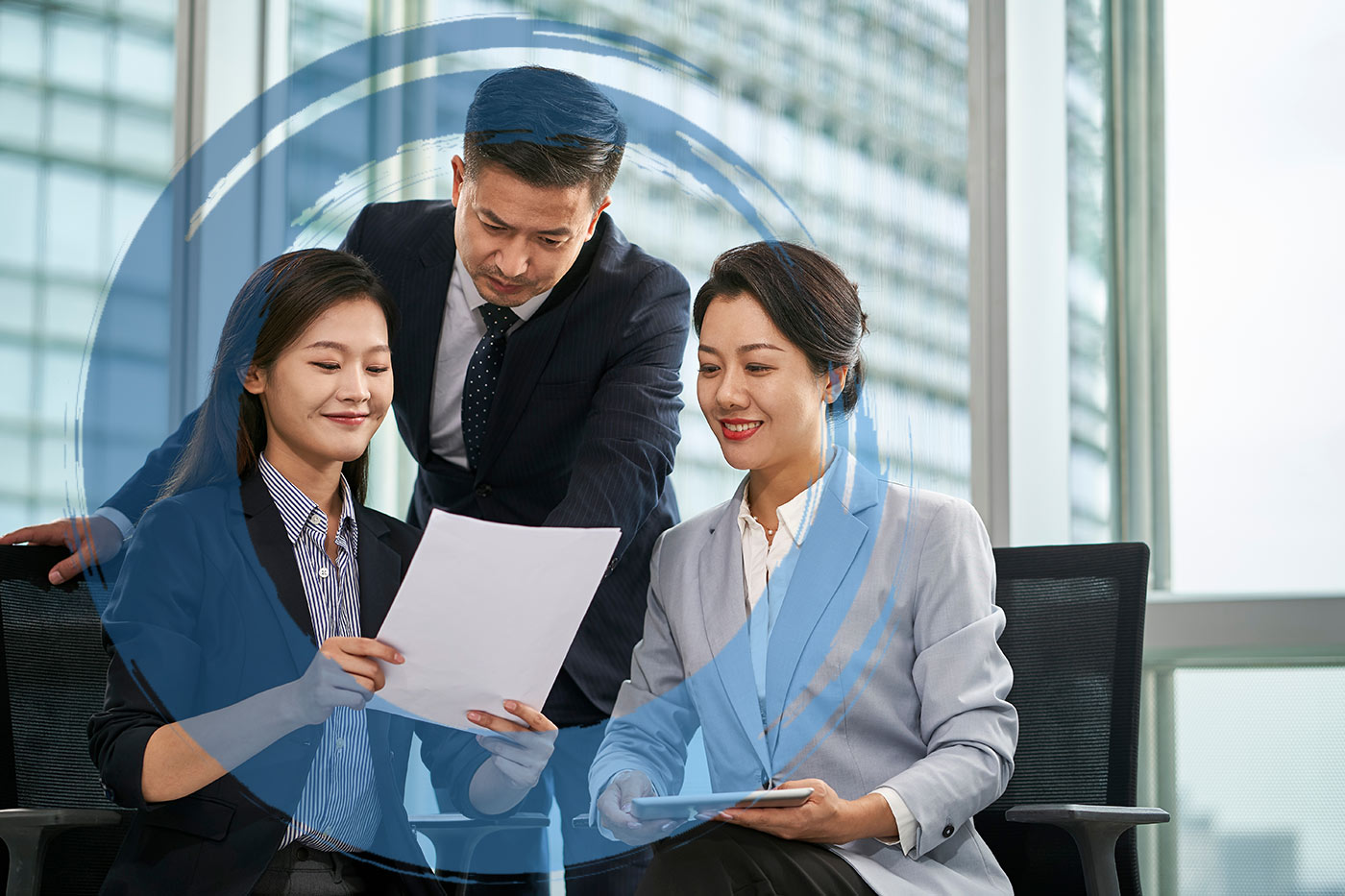 team asian corporate executives discussing business in office