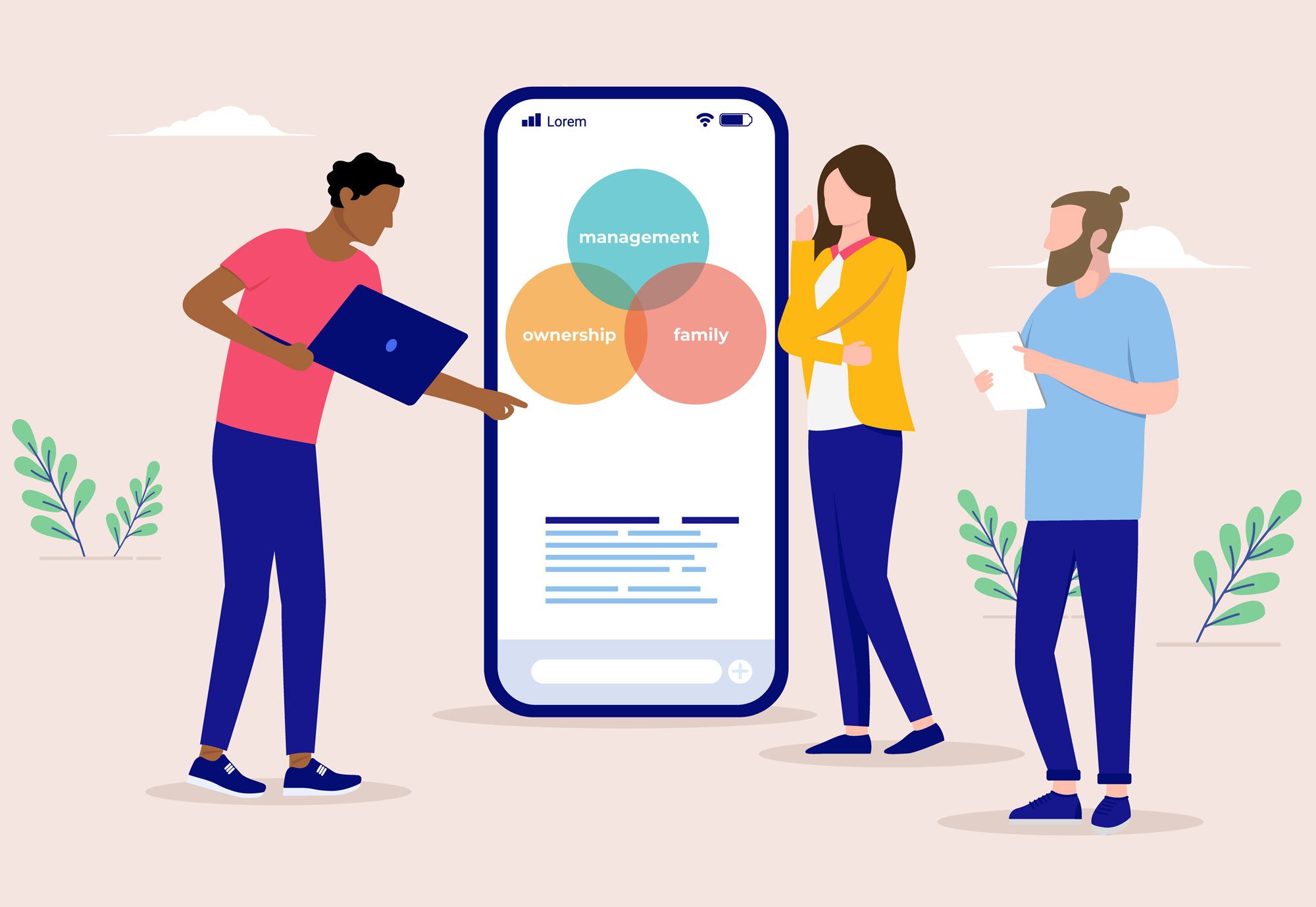 Illustration of three professionals standing around a large smartphone displaying a Venn diagram of "management," "ownership," and "family."