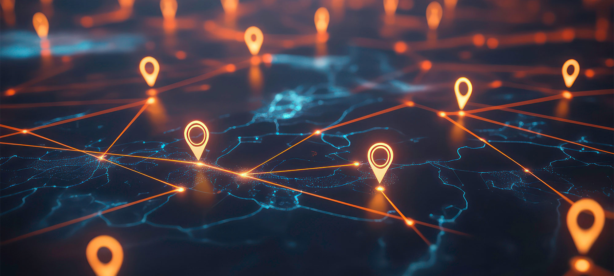 orange glowing geo tags on map with blue glowing roads