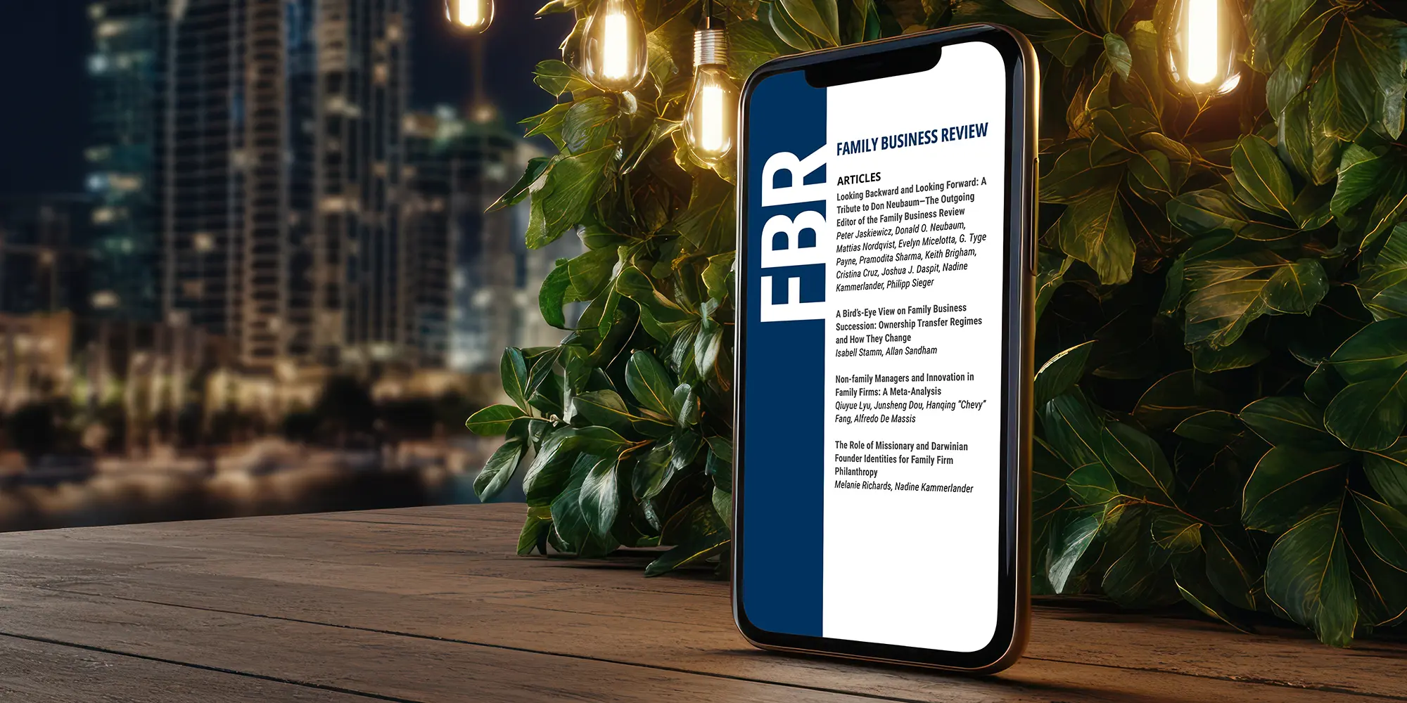 A digital reading experience showing a business journal on a mobile phone, set against a background of warm string lights and a blurred nighttime city skyline.