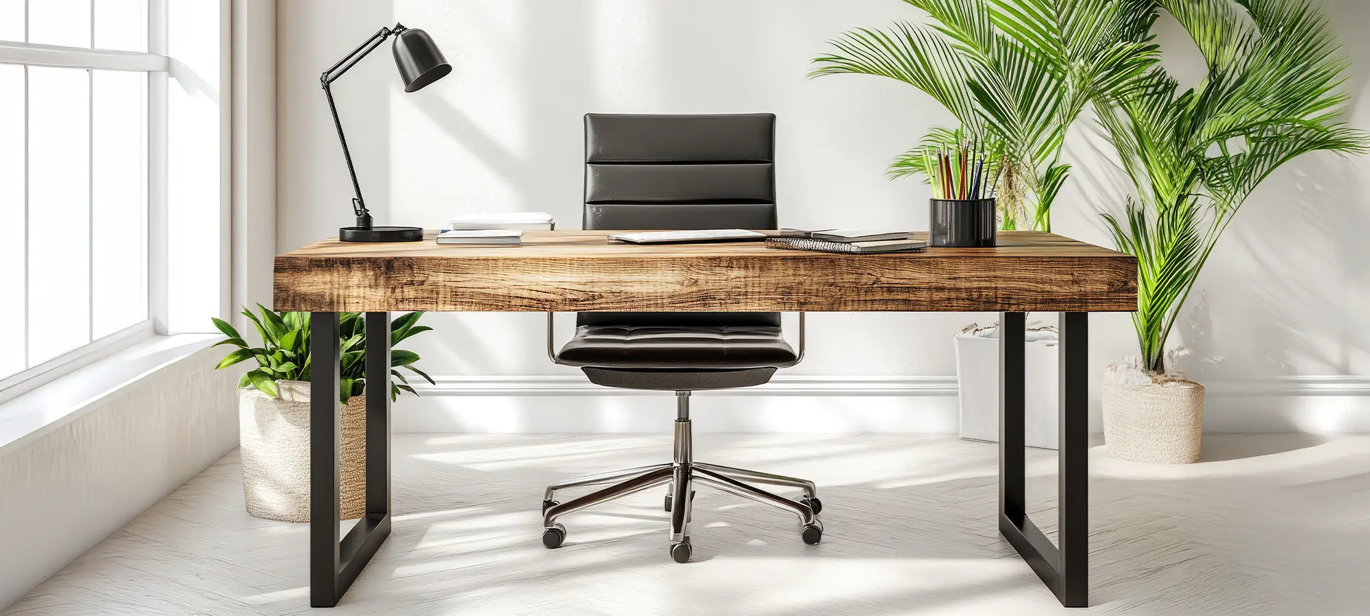 A well-lit, minimal home office with a wood desk, leather chair, a black lamp, and two large potted plant