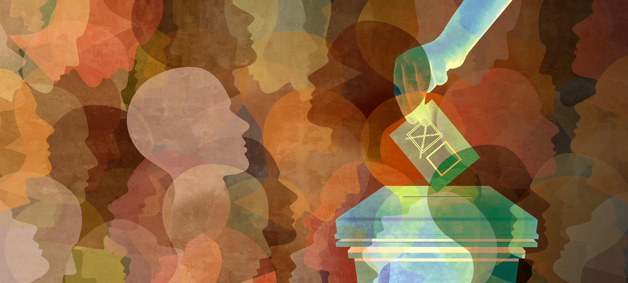 Abstract illustration of overlapping silhouettes of people's profiles as a hand casts a ballot.
