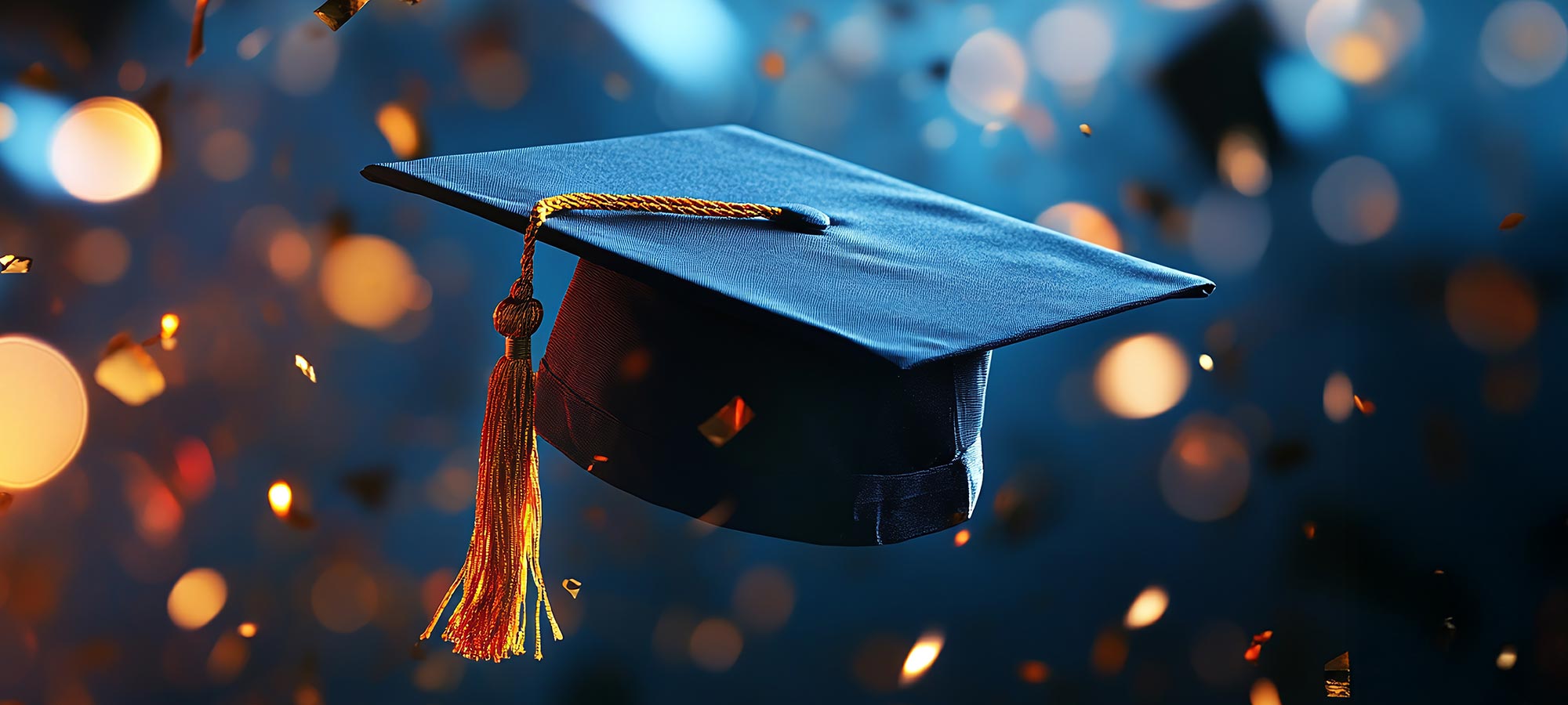 graduation cap surrounded by gold confetti
