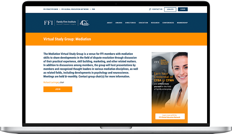 Laptop showing the homepage for the Virtual Study Group: Mediation