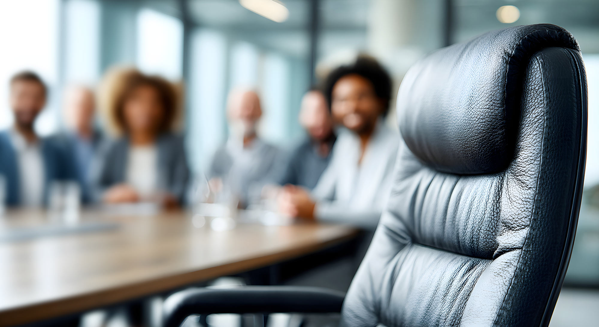 A close-up of an empty black leather office chair, with a blurred group of diverse executives sitting in the background.