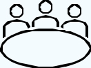 Simple line icon of three stylized people silhouettes sitting behind a large oval table.