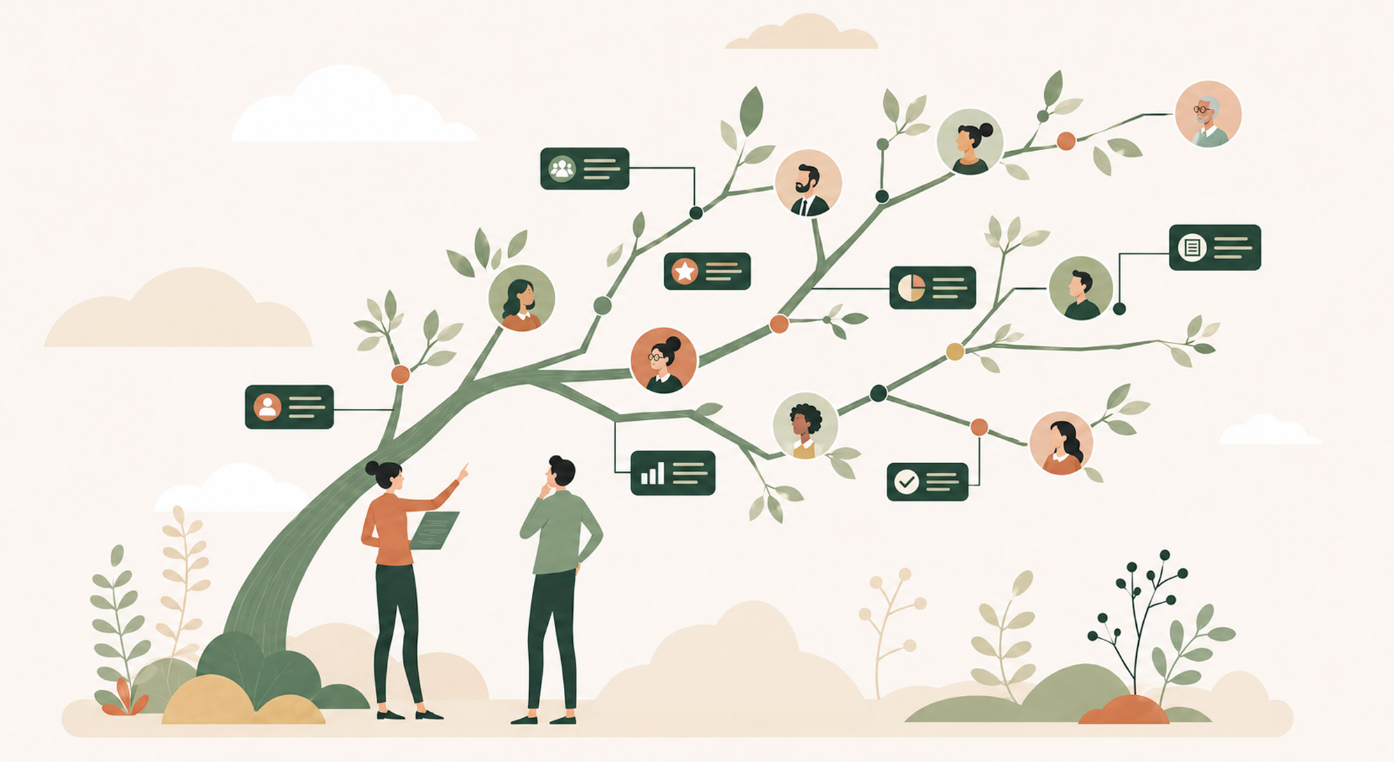 Illustrated tree with networked branches showing connected icons of people and data, accompanied by two figures discussing underneath.