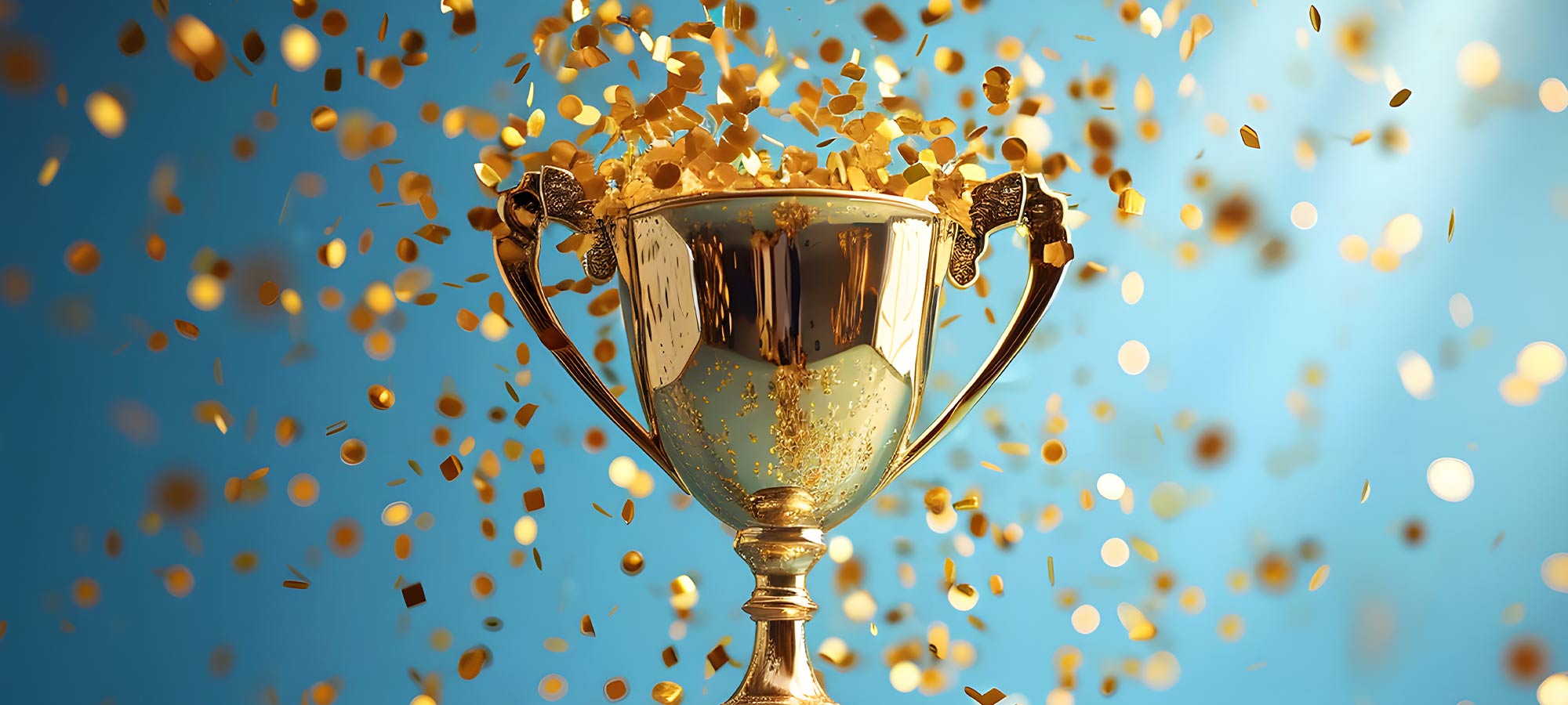 A shiny golden trophy cup with gold confetti bursting out and raining down around it against a bright blue background with bokeh lights.