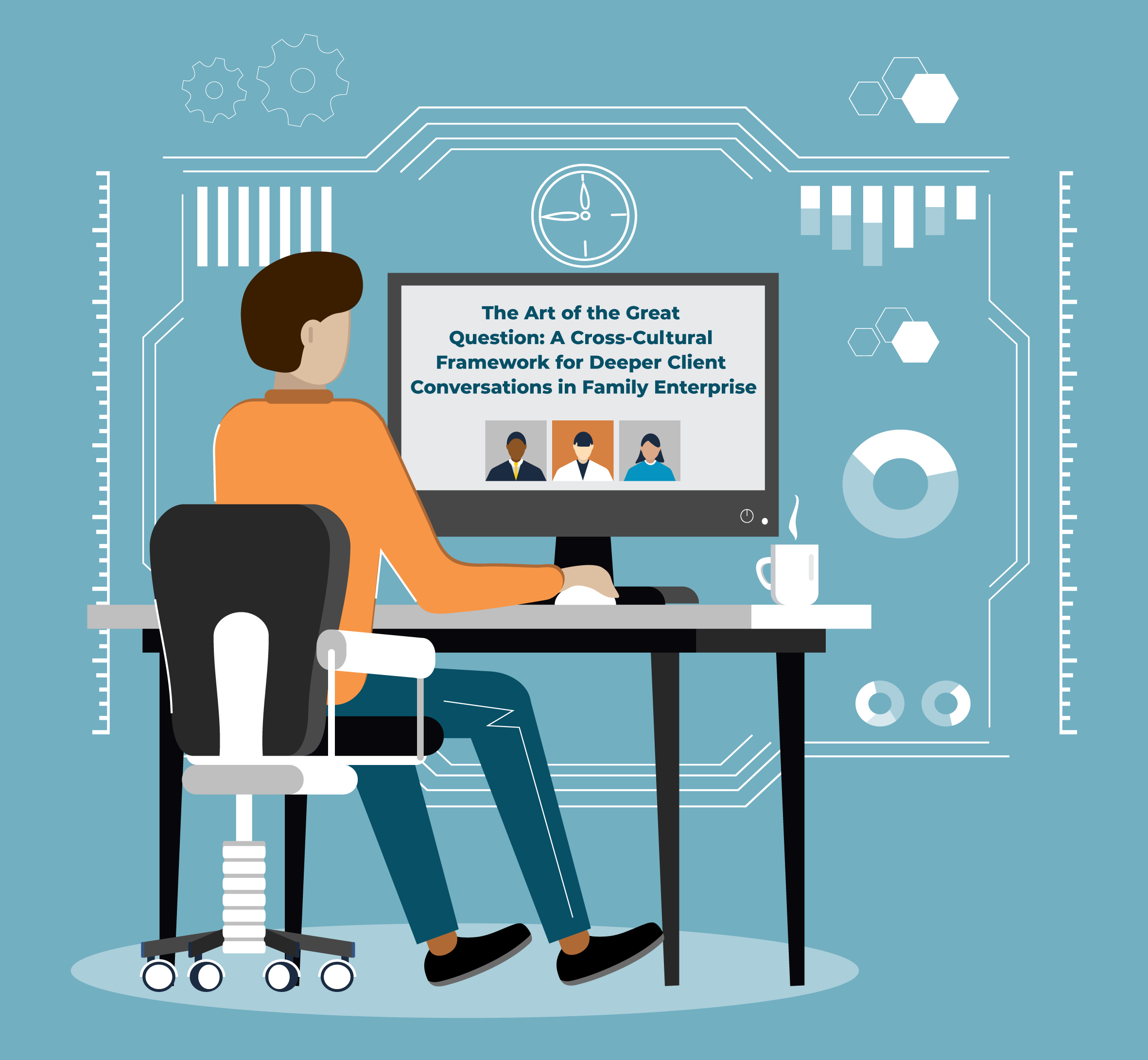 Person at a desk working on a computer with a digital display surrounded by abstract geometric designs.