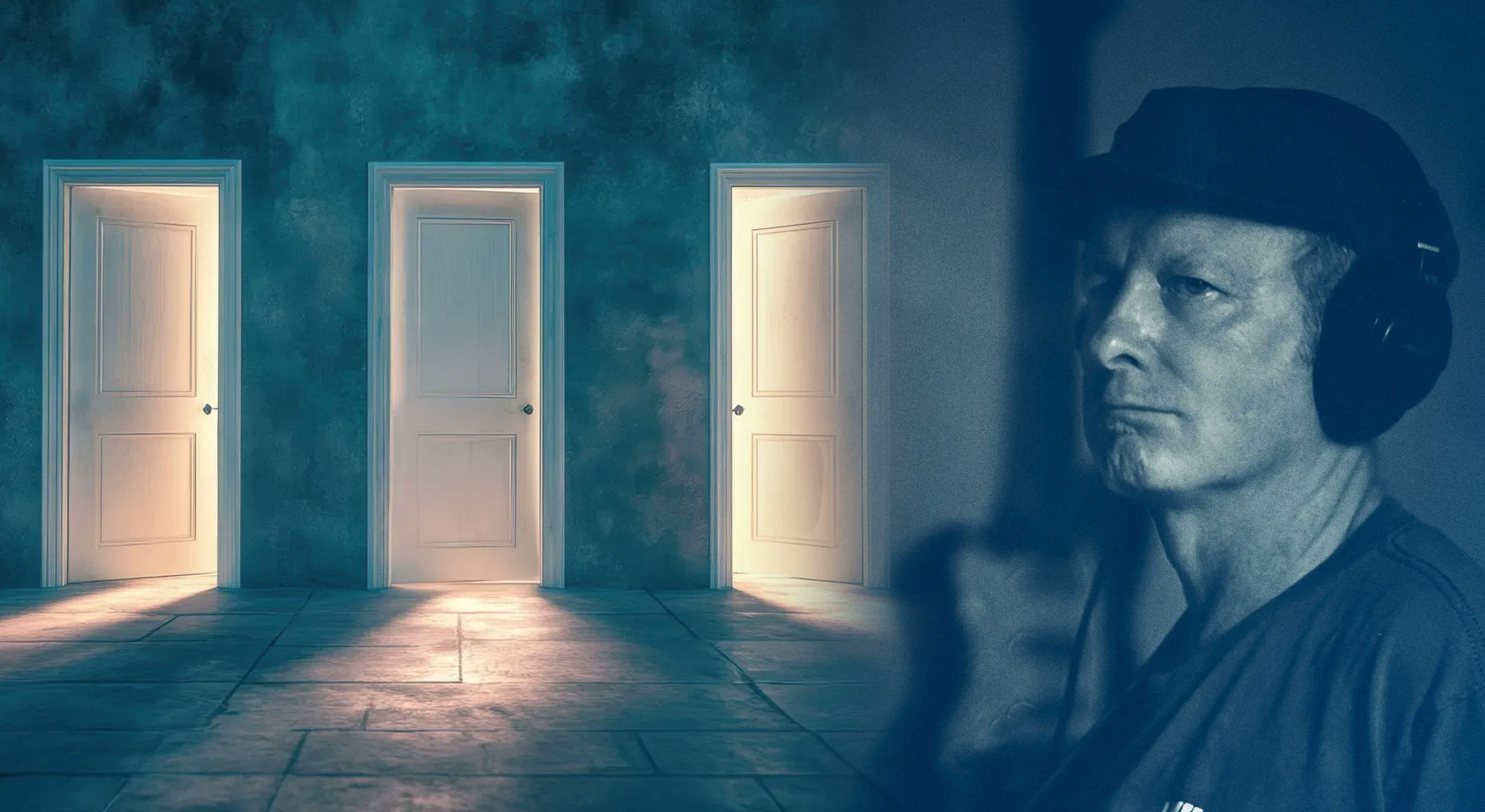 three slightly opened doors with a close up on a man wearing headphones to the right