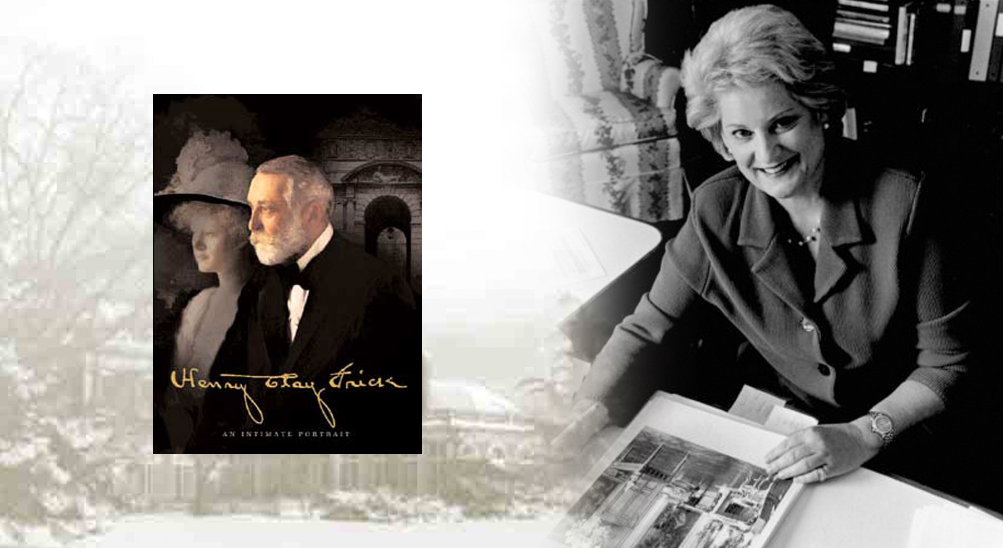 What We Inherit: Family Trauma, Art, and the Stories Objects Tell collage featuring the cover of "Henry Clay Frick: An Intimate Portrait" over a home and some trees, next to a portrait of Martha Frick Symington Sanger