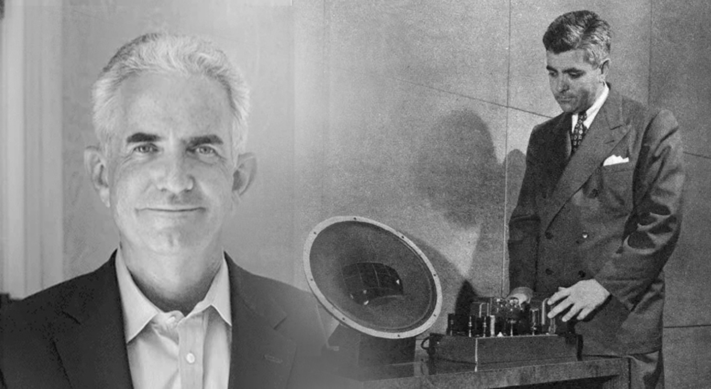Black-and-white collage showing a portrait of a man alongside an older photo of a suit-clad engineer operating vintage audio equipment.