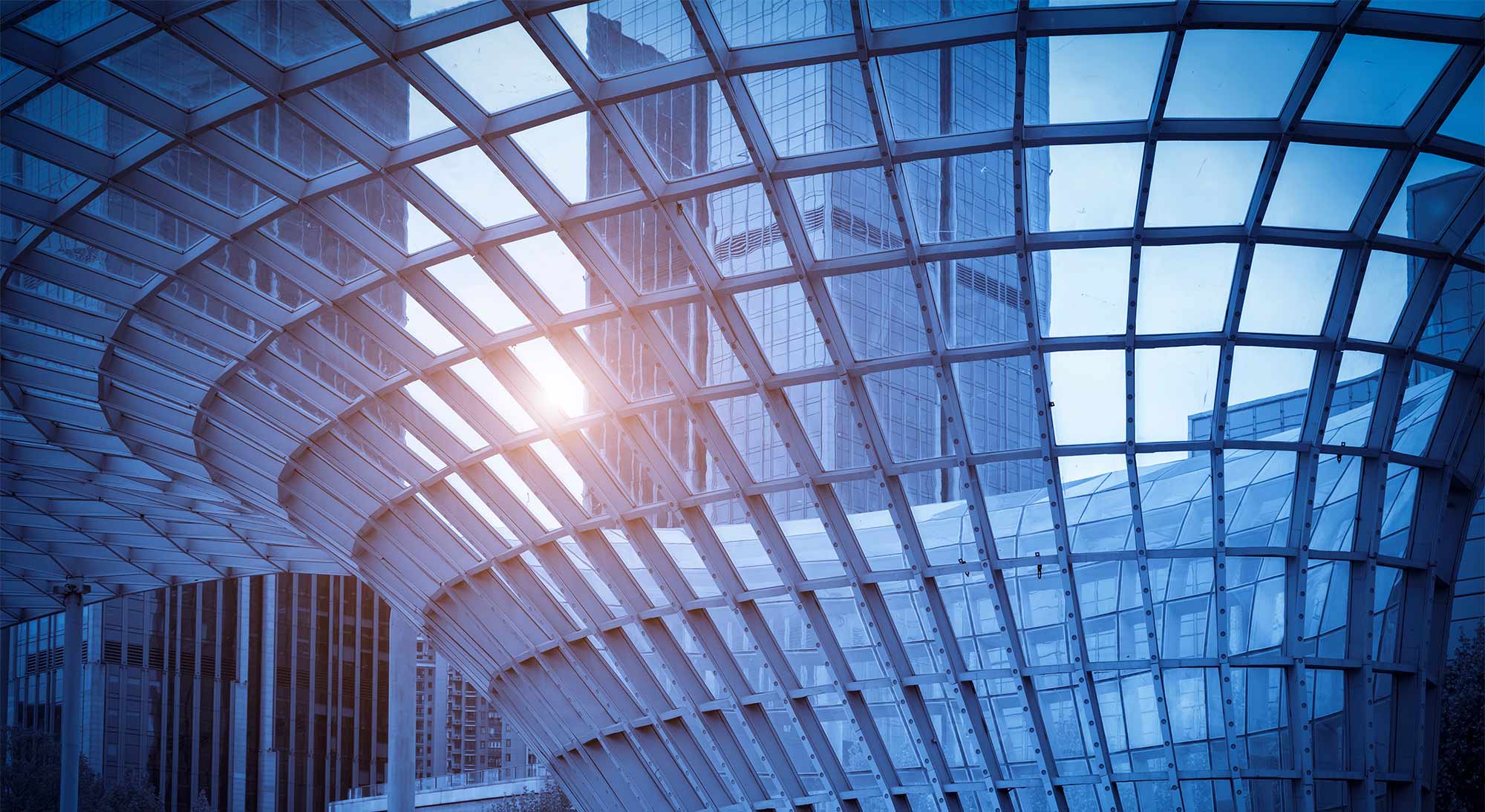The Chief Governance Officer: The Role Family Enterprises Don't Know They Need A low-angle view looking up through a curved glass-and-steel lattice canopy toward surrounding modern skyscrapers.
