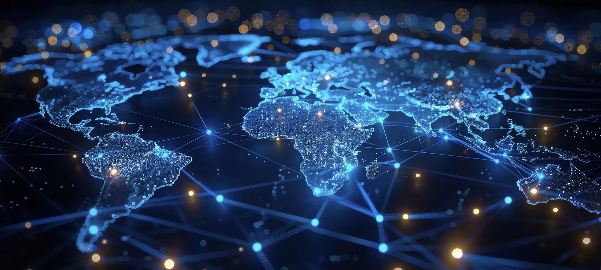 A glowing digital world map on a dark blue background, featuring illuminated continents connected by network lines and glowing blue and gold nodes.